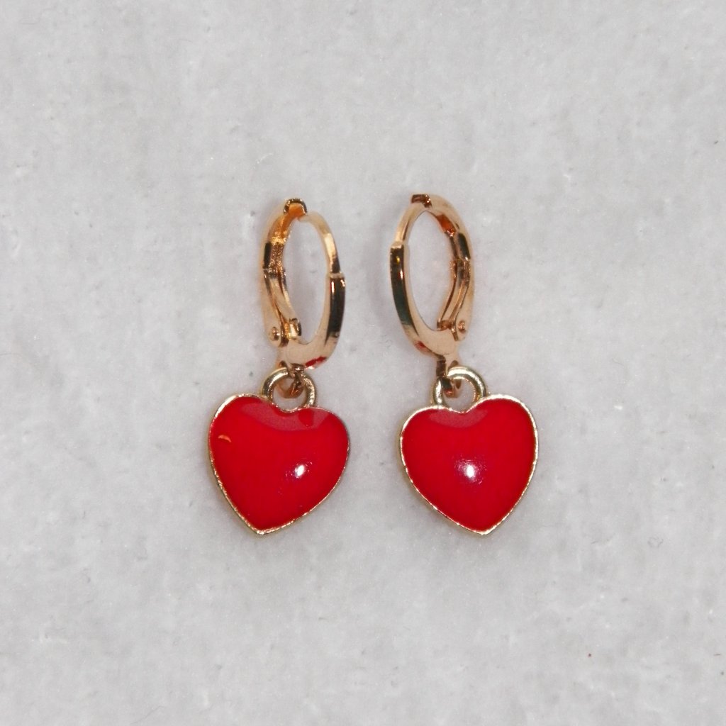 Last Pair Gold Huggie Red Heart Drop Earrings Double Sided
